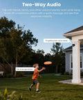 Child playing outside near 4K 8MP Outdoor Security Camera With Pan And Tilt, Wireless Home Surveillance with two-way audio feature.