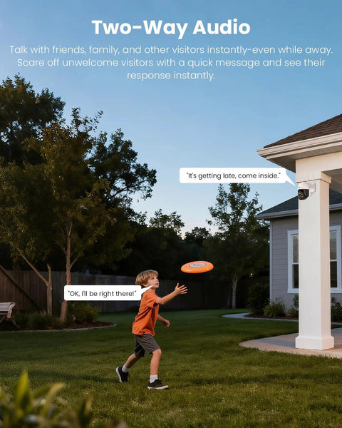 Child playing outside near 4K 8MP Outdoor Security Camera With Pan And Tilt, Wireless Home Surveillance with two-way audio feature.