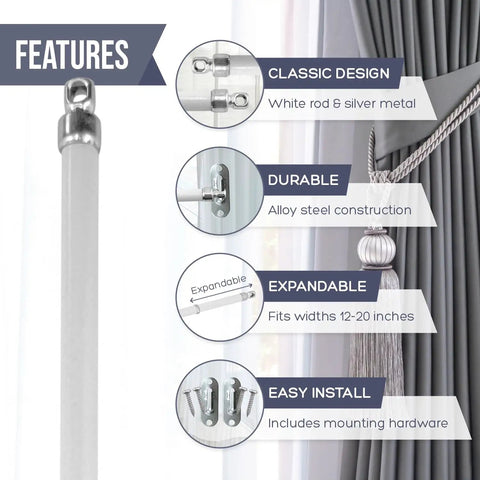 Rock Solid White Swivel Sash Curtain Rods, Adjustable 12 To 20 Inches, features include white alloy steel, easy install hardware.