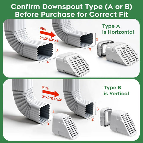 Heavy Duty Gutter Downspout Extension And Type A Diverter Kit Featuring Removable Leaf Guard Plus Splash Shield Outlet Filter With No Sweat Installation And Drainage That Works Like A Charm On 2X3 And 3X4 Downspouts White Two Pack showing type A and B fit dimensions.