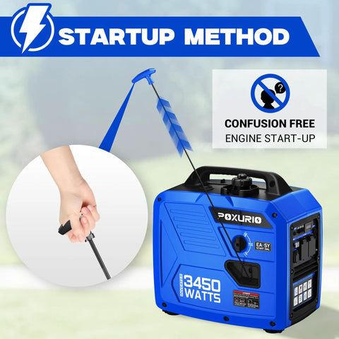 Hand pulling start cord on 3450 Watt Portable Inverter Generator For Camping And RV Use With A 1.6 Gallon Gas Tank For Up To 8.3 Hours Runtime