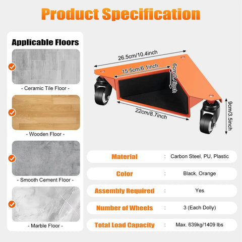 Heavy Duty Furniture Mover Dolly Set Of 4 specifications image showing size, material, and load capacity for moving appliances.