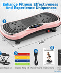 Pink home vibration plate for lymphatic drainage and full body toning with remote, bands, and straps, 24.8 x 13.7 inches, includes accessories.
