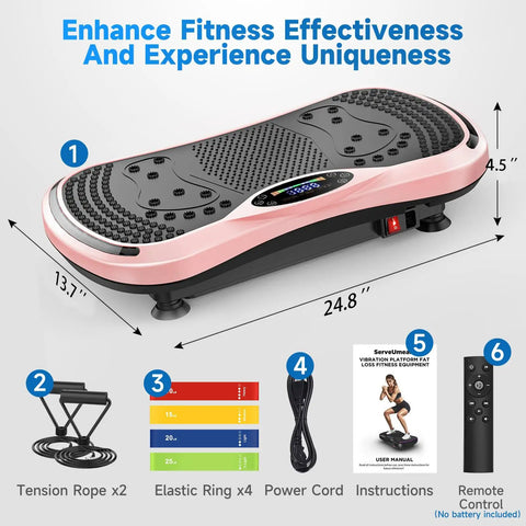 Pink home vibration plate for lymphatic drainage and full body toning with remote, bands, and straps, 24.8 x 13.7 inches, includes accessories.