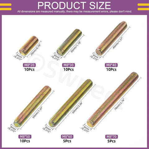 Various lengths of M8 fully threaded galvanized carbon steel rods for DIY projects and machinery assembly, 50 pieces total.