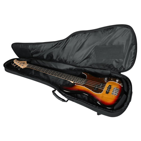 Durable Bass Gig Bag With Adjustable Backpack Straps Thick 20mm Padding Safe Travel Case For Precision And Jazz Style Electric Basses Fits Most Standard Bass Guitars Cushioned Headstock And Bridge Protection, open black case with bass