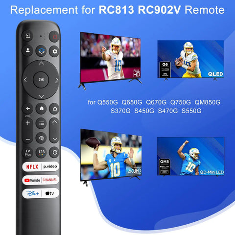 RC813 Replacement Remote for Google TV Easy Drop In Control for 4K UHD HDR QLED and LED Smart TVs with compatibility shown