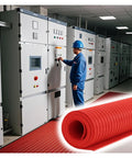 Heavy Duty High Voltage Insulating Rubber Mat For Electricians And Workshop Crews, placed in front of electrical panels in a safety setting.