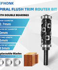 Spiral Flush Trim Router Bit, One Half Inch Shank, 65mm Cutting Length, 32mm Diameter, Top And Bottom Bearing, Heavy Duty CNC Woodworking Bit With Replaceable Carbide Inserts, 12 Piece Set For Precise Flush Cutting And Trimming