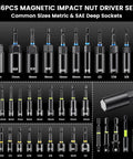 86-Piece Magnetic Impact Nut Driver Set with deep sockets, S2 bits, chrome vanadium steel, showing full metric and SAE range.