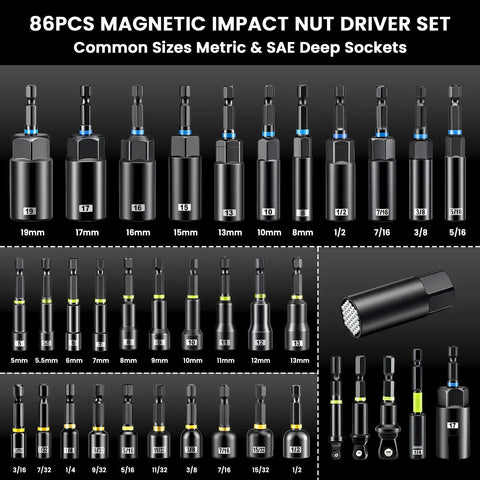 86-Piece Magnetic Impact Nut Driver Set with deep sockets, S2 bits, chrome vanadium steel, showing full metric and SAE range.