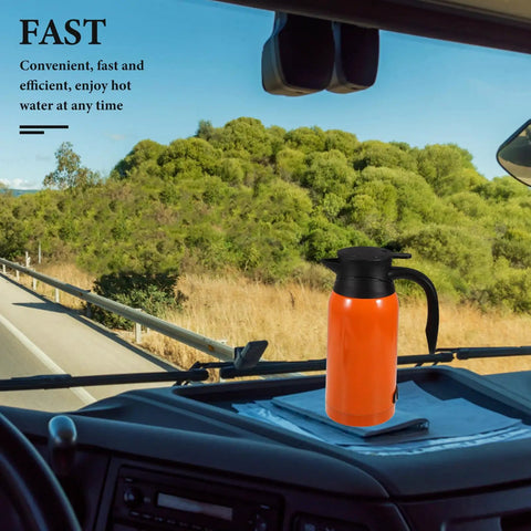 Heavy Duty 1000Ml Stainless Steel Car Electric Kettle And Water Heater Making Hot Stuff Gotta Have On The Fly With Thermal Lock For Long Haul Drivers on a dashboard.