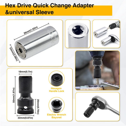 Hex drive quick change adapter and universal sleeve with dimensions and use demonstration
