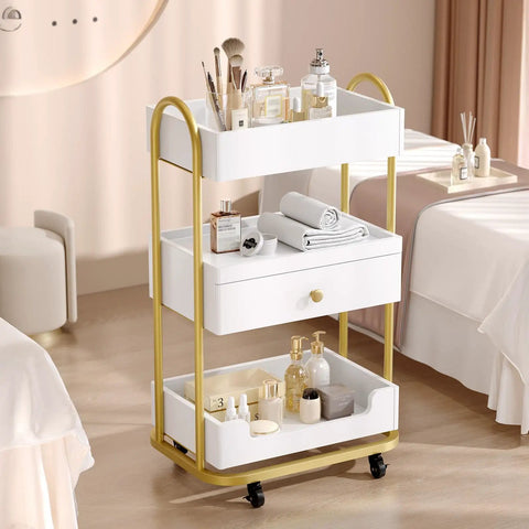Salon Trolley Cart With Three Trays And One Drawer Mobile Hair Styling Station On Two Lockable Wheels Pro Grade Esthetician Cart For Beauty Spa And Barbershop Large White Storage Cabinet, visible with various salon supplies.