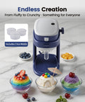 Oplace Home Shaved Ice Machine Electric Snow Cone Maker With Auto Press Button And Blade Adjustment For Slushies Bingsu in kitchen setting with colorful desserts.
