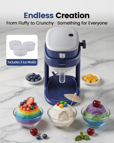 Oplace Home Shaved Ice Machine Electric Snow Cone Maker With Auto Press Button And Blade Adjustment For Slushies Bingsu in kitchen setting with colorful desserts.