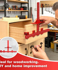 Adjustable Cabinet Hardware Jig For Precise Handle Installation Drill Guide Pro Grade in use on a wooden drawer