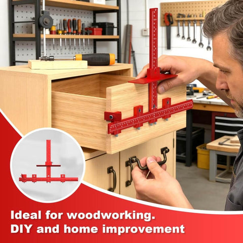 Adjustable Cabinet Hardware Jig For Precise Handle Installation Drill Guide Pro Grade in use on a wooden drawer