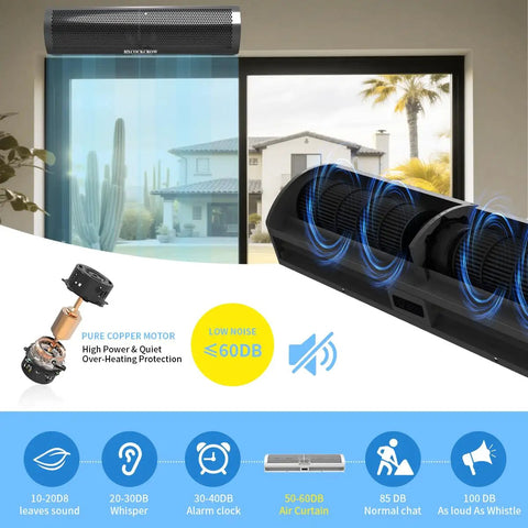 Solid As A Rock Sixty Inch Commercial Air Curtain Stainless Steel Build Kicks Out Freezing Air And Bans Flies Forever With One Thousand Five Hundred Cfm Output For Busy Restaurants Garages Or Warehouses installed above a glass door.