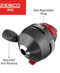 Closeup of black and red spincast reel with dial-adjustable drag, part of Two Pack Spincast Fishing Reels And Rod Combos with Five Foot Six Inch Two Piece Poles Size 30 And Size 40 Reels Right Hand Retrieve Pre Spooled With Ten Pound And Fifteen Pound Cajun Line Black And Red Easy Cast Beginner Friendly Setup.