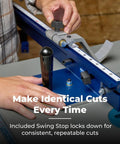 Premium Table Saw Miter Gauge Kit Featuring An Adjustable Fence For Dead On Angles And Crisp Woodworking Cuts That Shoot Straight Every Time, showcasing Swing Stop for repeatable cuts.