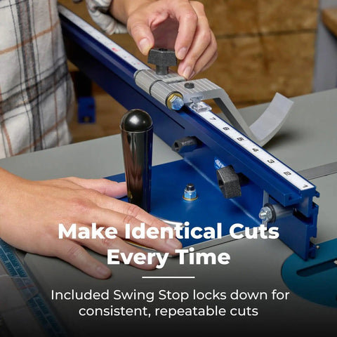 Premium Table Saw Miter Gauge Kit Featuring An Adjustable Fence For Dead On Angles And Crisp Woodworking Cuts That Shoot Straight Every Time, showcasing Swing Stop for repeatable cuts.