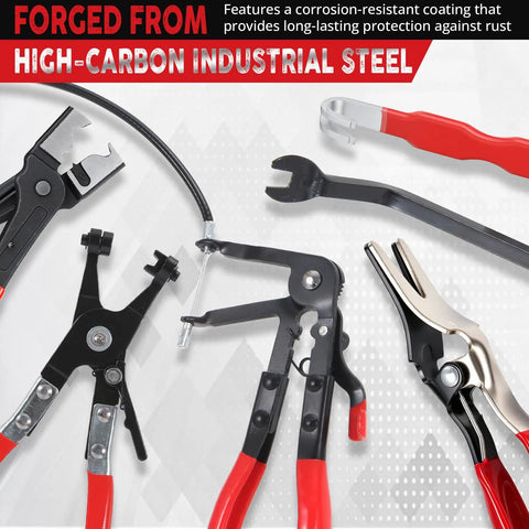 Six Piece Hose Clamp Pliers Set With 27 Inch Long Reach For Deep Engine Bay Access Flat Band Clic R Type Pliers And Radiator Hose Remover
