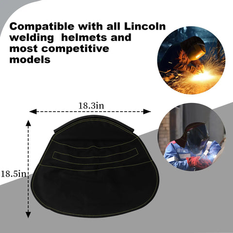 Extended Welding Helmet Cover With Press Fit Seal That Cuts Glare And Adds Neck Protection Dope Fit For Lincoln Welding Helmets And Most Other Models Black shown with size dimensions.