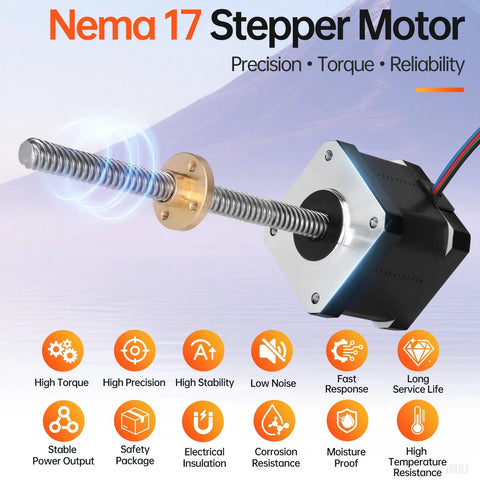 Nema 17 stepper motor with lead screw for precision, torque, and reliability in 3D printers and CNC machines, featuring high torque and stability.