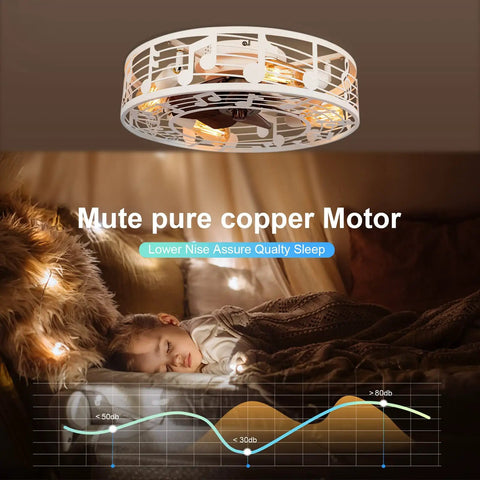 Enclosed Dope Modern 20 Inch Farmhouse Ceiling Fan With Light And Remote above a sleeping child in a cozy room