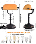 Bankers Desk Lamp With USB Port, Dope Rustic Oil Rubbed Bronze Finish, Pull Chain Desk Light With Amber Yellow Glass Shade dimensions