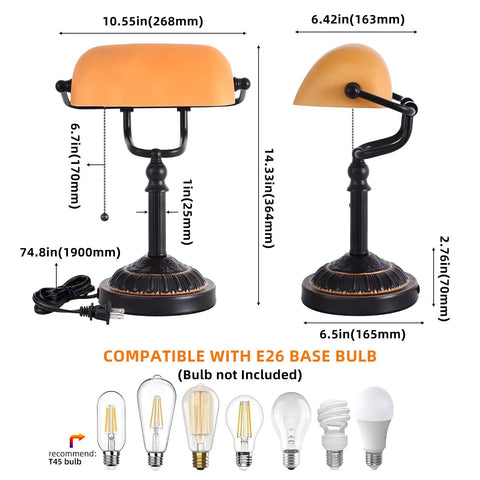 Bankers Desk Lamp With USB Port, Dope Rustic Oil Rubbed Bronze Finish, Pull Chain Desk Light With Amber Yellow Glass Shade dimensions