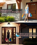 Motion Sensor LED Light Bulb For Indoor Use With Dusk To Dawn Auto On, E26 Base, 6000K Daylight, 13.5W Equals 100W, PIR Infrared Motion Activation, No Fuss Security Night Light, 4 Pack showing porch lighting day and night