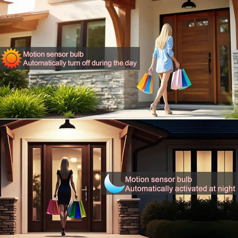 Motion Sensor LED Light Bulb For Indoor Use With Dusk To Dawn Auto On, E26 Base, 6000K Daylight, 13.5W Equals 100W, PIR Infrared Motion Activation, No Fuss Security Night Light, 4 Pack showing porch lighting day and night