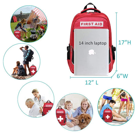 Front view of red Camoredy first-aid backpack with multiple pockets and a 14-inch laptop in the front pocket.
