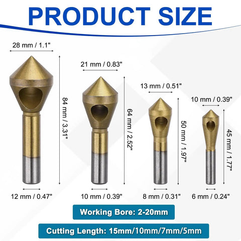 Badass Heavy Duty Titanium Countersink Drill Bit Set With Precision Chamfer Cone Tools For Metal Woodworking Bevel Grinding 4 Piece 2 To 20mm Range Pro Shop Ready Machining Kit size chart with measurements.