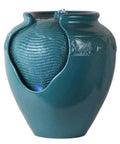 Teal Glazed Pot Water Fountain With Built In Led Light And Pump For Outdoor And Indoor Use, Chill Patio Garden Backyard Deck Decor, 17 Inch Height, Weatherproof Polyresin, Soothing Water Flow.