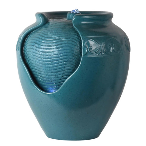 Teal Glazed Pot Water Fountain With Built In Led Light And Pump For Outdoor And Indoor Use, Chill Patio Garden Backyard Deck Decor, 17 Inch Height, Weatherproof Polyresin, Soothing Water Flow.