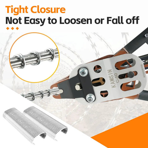 C50 wire fencing tool showing 11 Gauge 304 Stainless Steel Hog Ring Staples With 1-3/4 Inch Crown, 1600 PCS Box in action