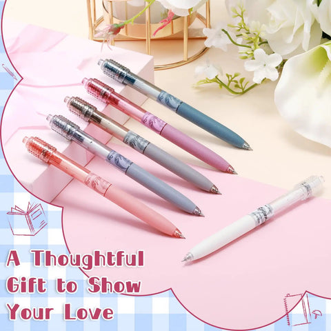 12 Pack Fidget Spinner Pens For Adults With Black Gel Ink displayed in pastel colors on a pink surface with flowers in the background.