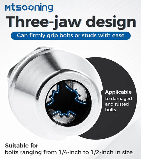 Damaged Bolt And Stud Extractor Tool Set For One Quarter To One Half Inch Studs With Three Eighths Inch Drive Grips And Removes Rounded Off Broken Rusted Painted Over Bolts Beast Stud Remover For Six To Twelve Mm product showing three-jaw design