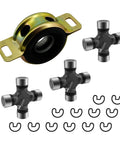 Rock Solid Performance Drive Shaft Center Support Bearing and Heavy Duty U Joint Kit with greaseable joints and clips.