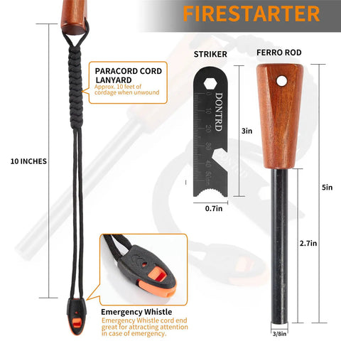 Handmade Wooden Handle Three Eighths Inch Thick Ferro Rod Fire Starter Kit With Striker And Umbrella Rope Waterproof Flint And Steel