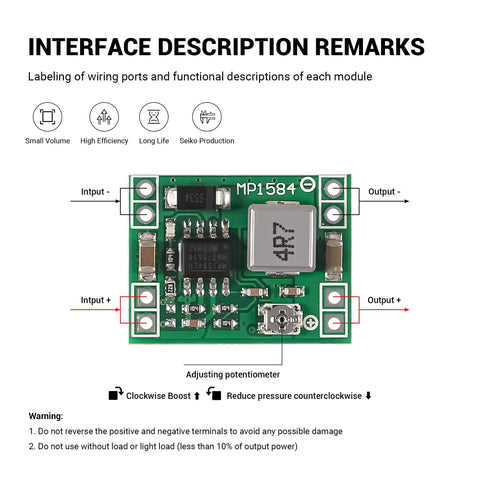 MP-1584EN Buck Converter Mini 6 Pack 3A DC-DC Step-Down Module showing input output ports and components for DIY Electronics Projects.
