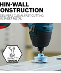 Bosch HTW78 7/8 in Edge Impact Tough hole saw, front view, mounted on a drill cutting sheet metal
