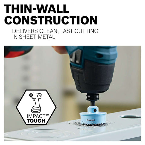Bosch HTW78 7/8 in Edge Impact Tough hole saw, front view, mounted on a drill cutting sheet metal
