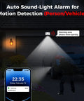 Auto Tracking 4K PoE PTZ Outdoor Security Cam with sound-light alarm detecting person near car at night
