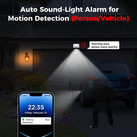 Auto Tracking 4K PoE PTZ Outdoor Security Cam with sound-light alarm detecting person near car at night