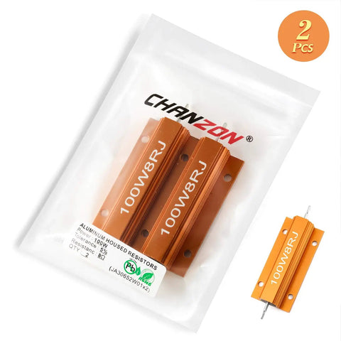 Tough As Nails Wirewound Aluminum Shell Resistor 8 Ohm 100 Watt 5 Percent Tolerance Pro Grade Pair in packaging.