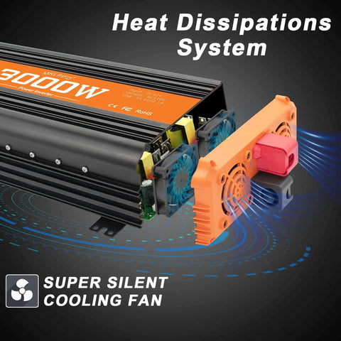 Heavy Duty 3000 W Dc To Ac Power Inverter With 6000 W Peak Surge And Built In Usb Port, showcasing cooling fans and heat dissipation.